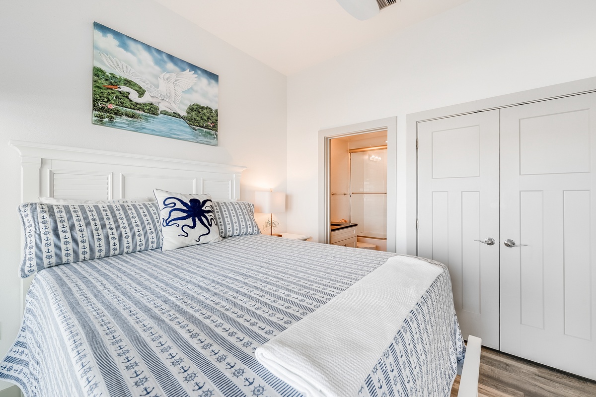 Drift off in your coastal-inspired bedroom, complete with nautical touches and ample closet space for storing your vacation wardrobe.
