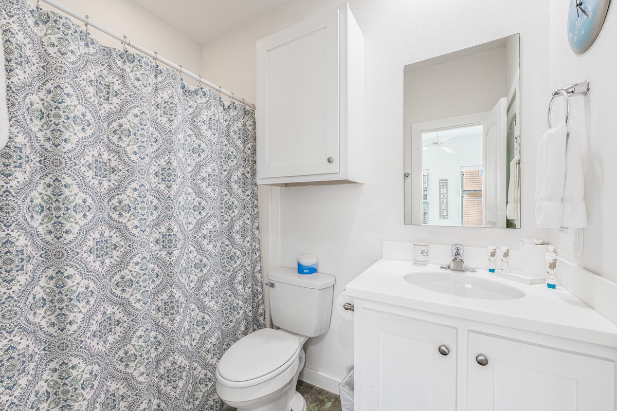 Step into your bright, clean bathroom with elegant blue patterned shower curtain and crisp white fixtures for comfortable refreshing.