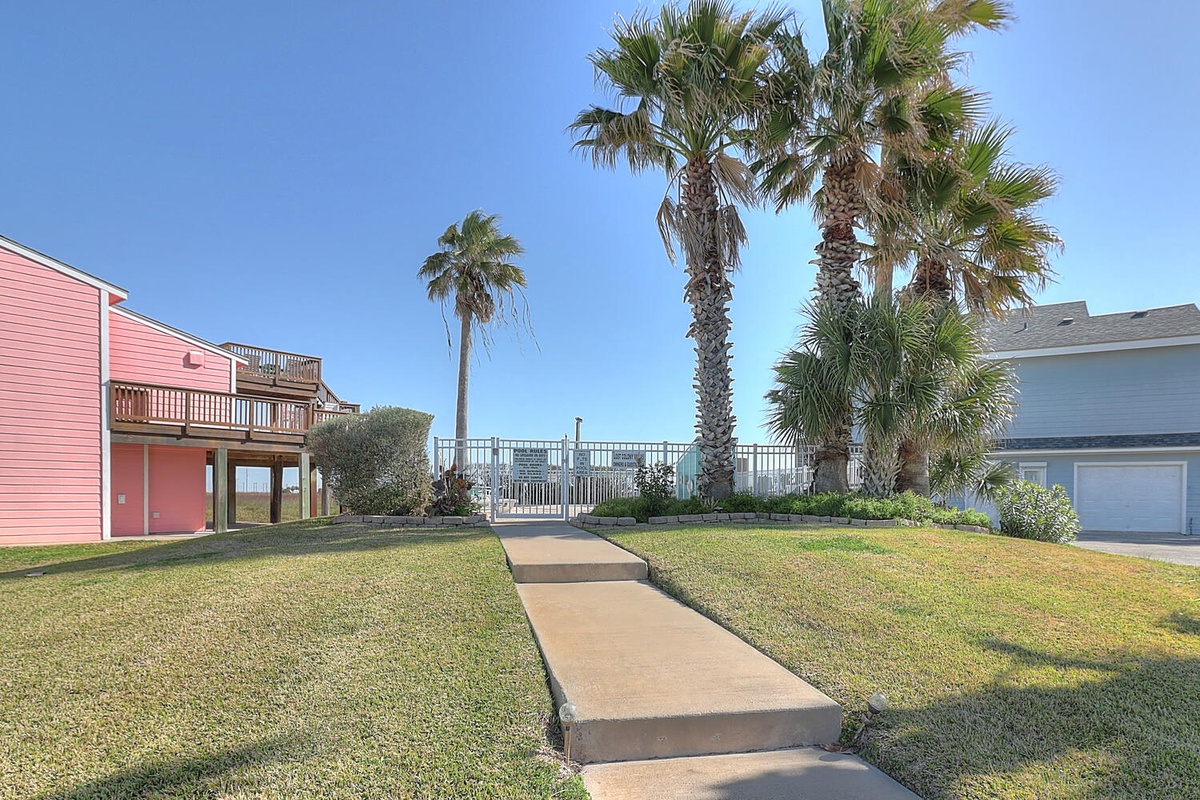 Tropical coastal setting with palm trees and colorful beachside buildings create a vibrant vacation atmosphere.