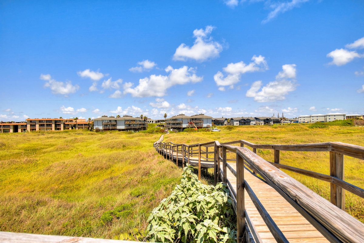 Wooden boardwalk winds through coastal wetlands toward nearby oceanfront properties under bright blue skies.