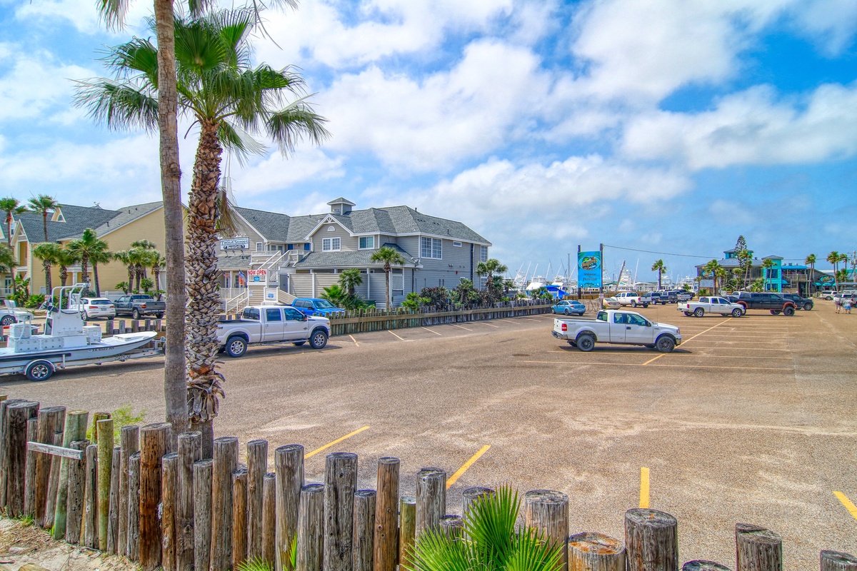 Coastal parking area with palm trees and marina views in the surrounding neighborhood.
