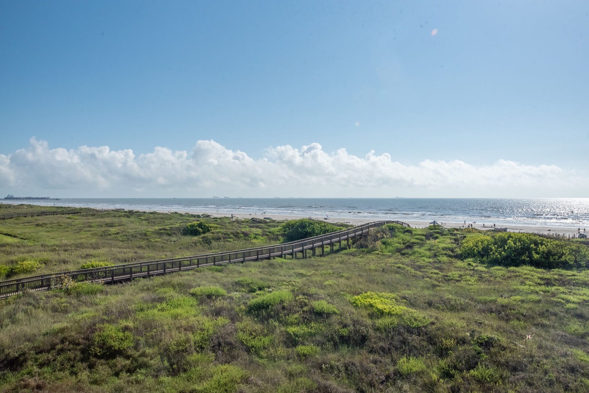 Scenic coastal boardwalk winds through natural dunes toward pristine beach waters under expansive blue skies.