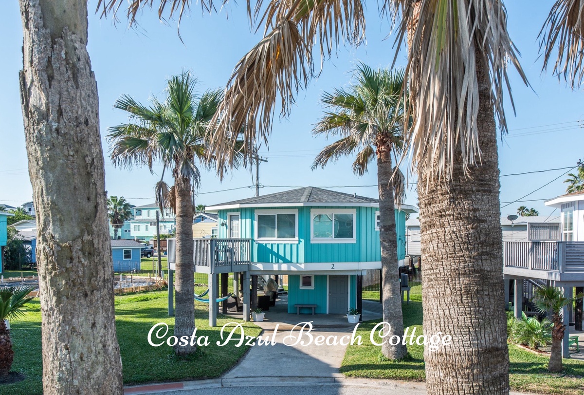 A charming turquoise beach cottage surrounded by swaying palm trees in a coastal neighborhood setting.