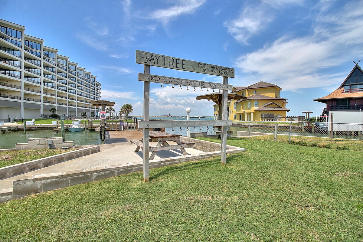 Baytree Marina features a dedicated fish cleaning station with waterfront views and nearby high-rise accommodations.