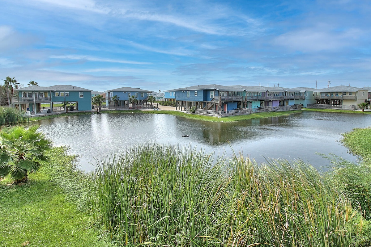 Waterfront community featuring colorful coastal homes elevated on stilts surrounding a peaceful lagoon with natural wetland grasses and palm trees.