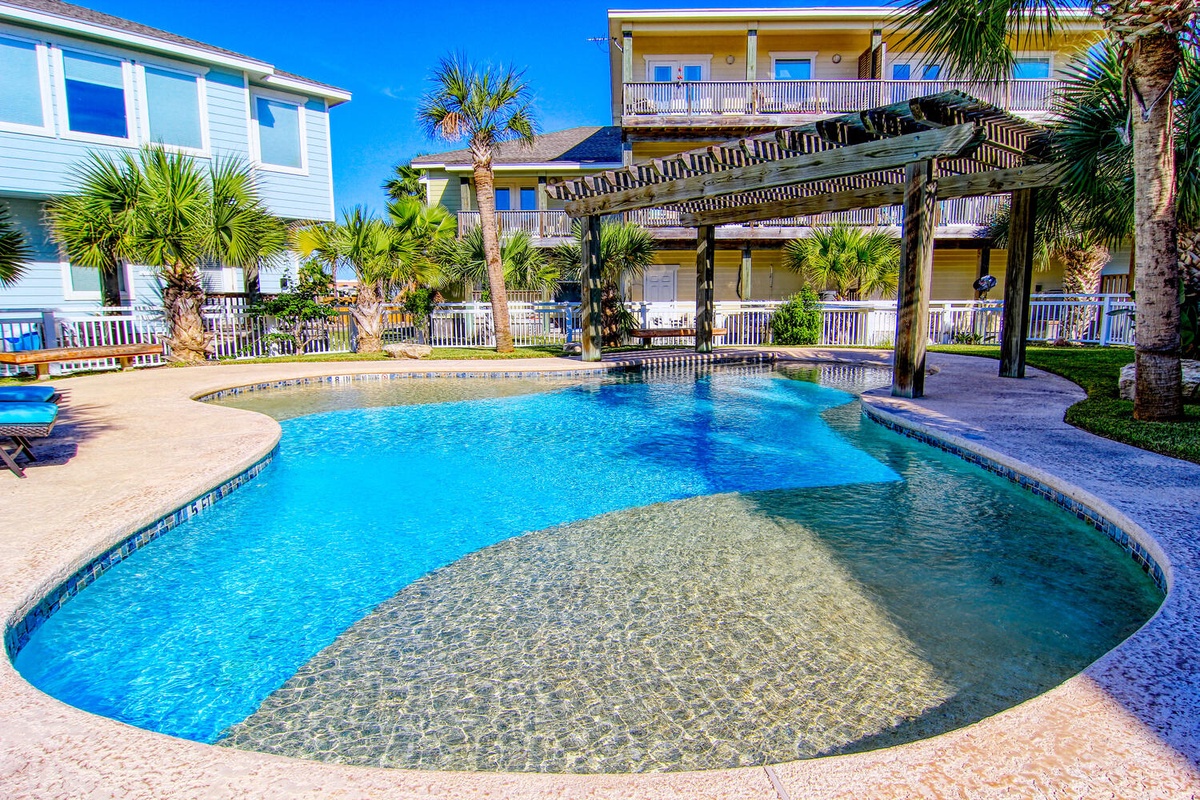Dive into your private paradise with this stunning kidney-shaped pool featuring a tanning ledge under tropical palms and sunny blue skies.