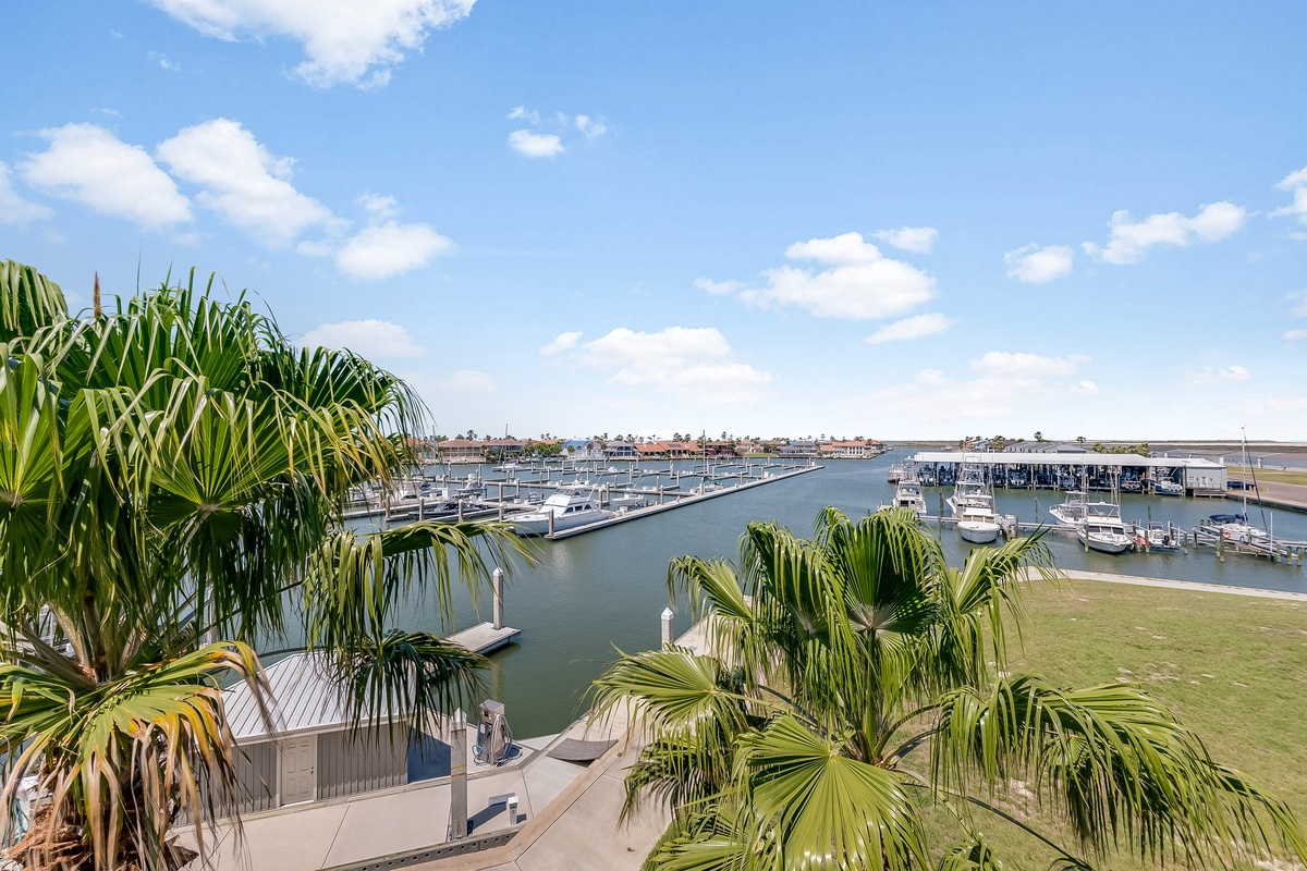 Marina views showcase tropical waterfront living with boats, palm trees, and coastal charm surrounding the property.