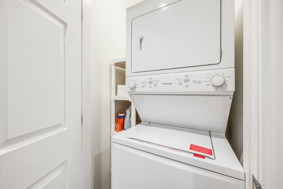 Your in-unit washer and dryer make extended stays effortless, with convenient shelving for supplies and essentials right at your fingertips.