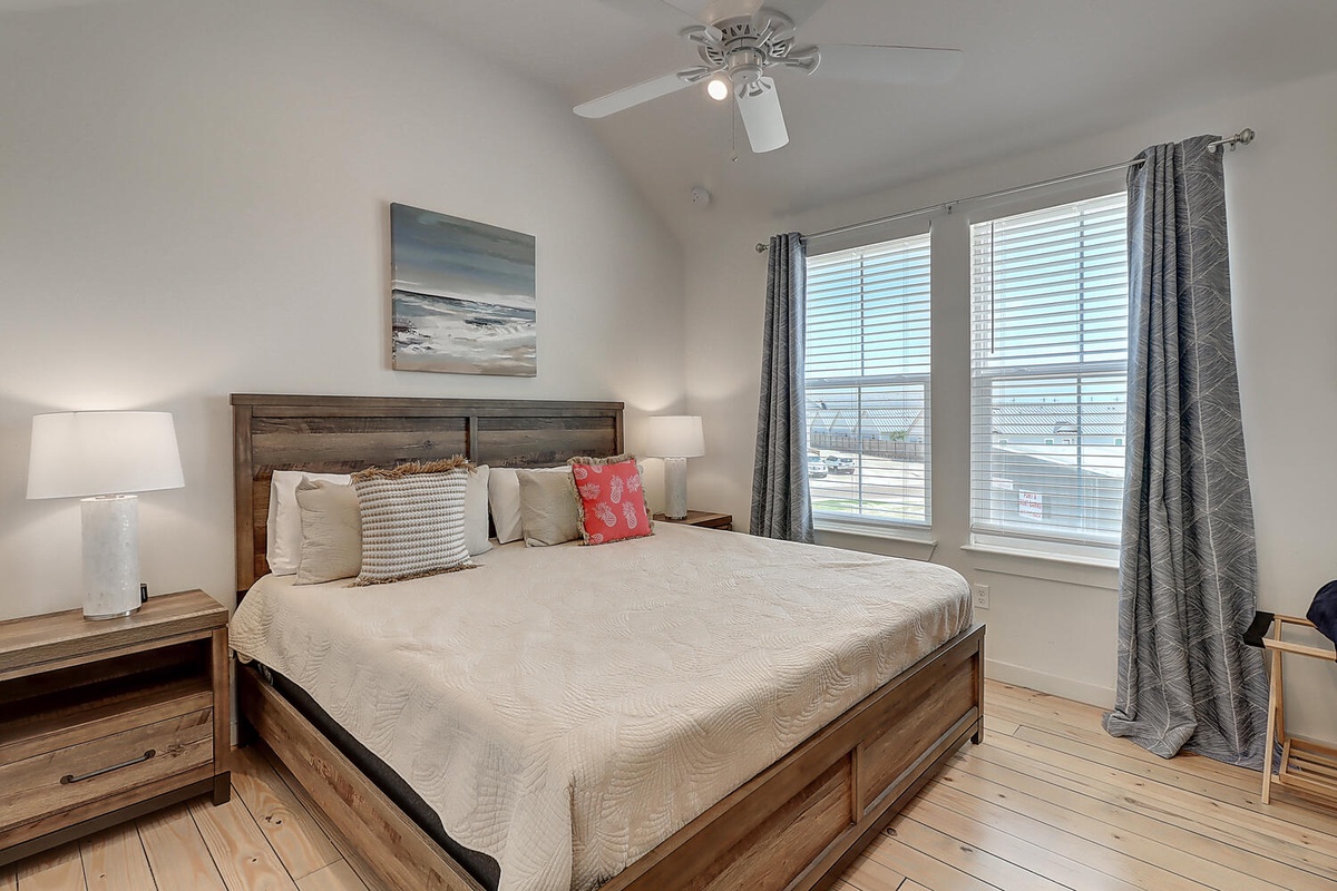 Wake up refreshed in your peaceful bedroom with rustic charm, soft linens, and natural light streaming through your windows.