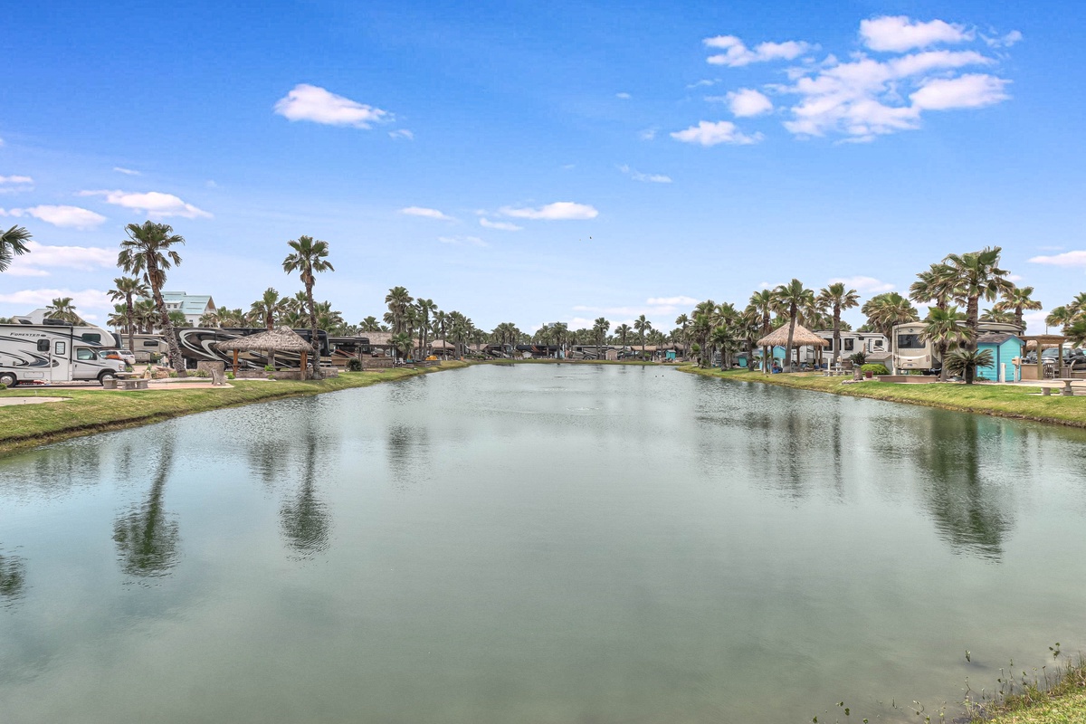 A peaceful lake surrounded by palm trees and RV sites creates a tranquil tropical setting for this resort community.