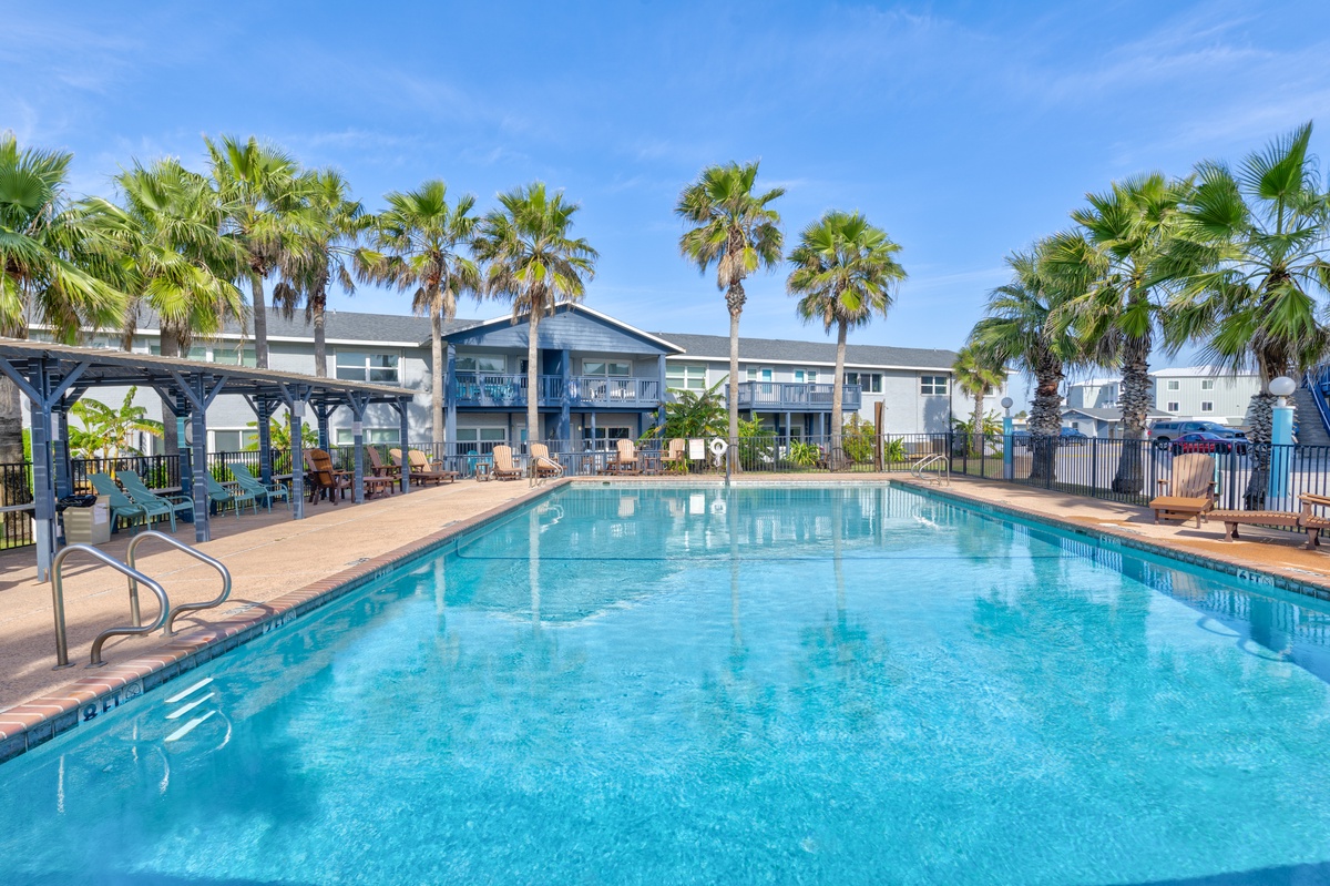 Sparkling pool surrounded by swaying palms creates your perfect tropical escape under brilliant blue skies.