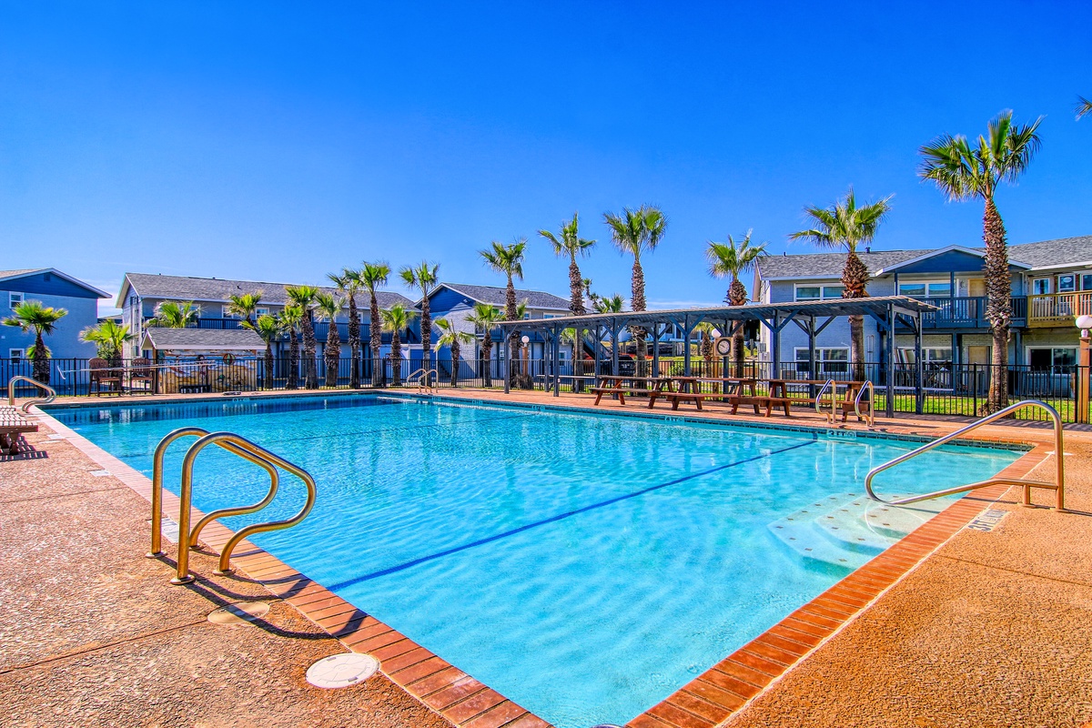 Crystal-clear pool surrounded by tropical palms and coastal buildings under bright blue skies.