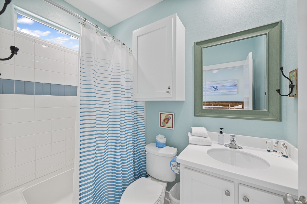 Step into your refreshing coastal bathroom with serene blue walls and crisp white fixtures. Fluffy towels await your arrival, while natural light streams through the window, creating a bright and welcoming space for you to unwind.