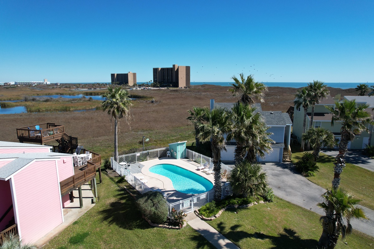 Aerial view of coastal property featuring swimming pool surrounded by palm trees, with marshland and ocean beyond.