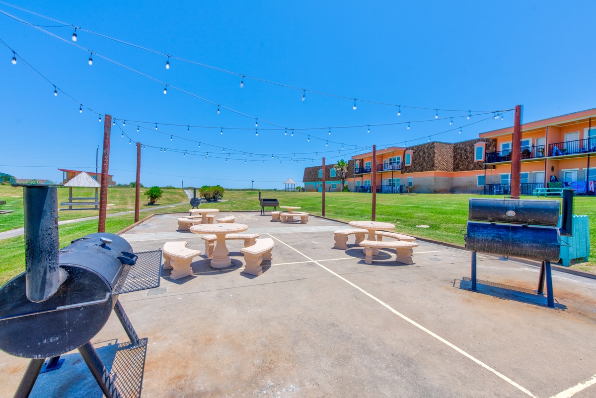 Gather around the outdoor picnic area with string lights overhead, BBQ grills ready for your cookout, and spacious grounds perfect for relaxing.