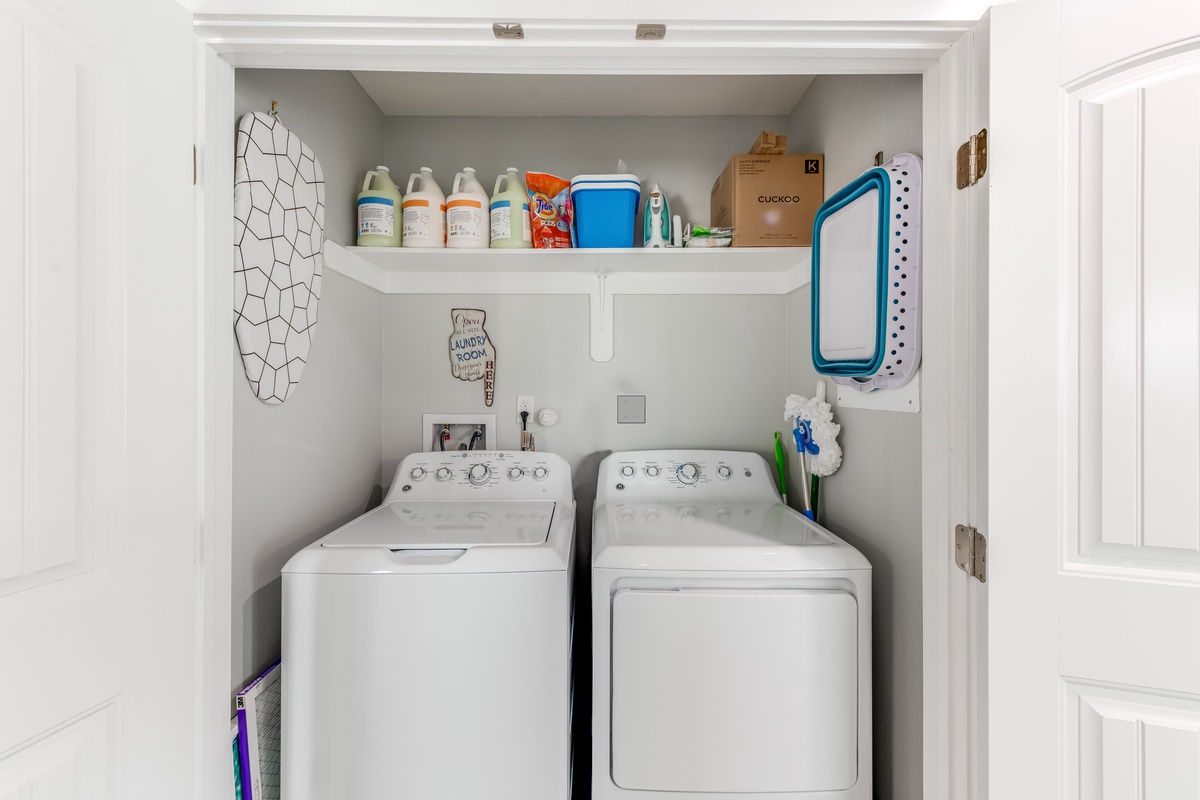 Your own in-unit laundry closet makes packing light a breeze, with everything you need for fresh clothes throughout your stay.