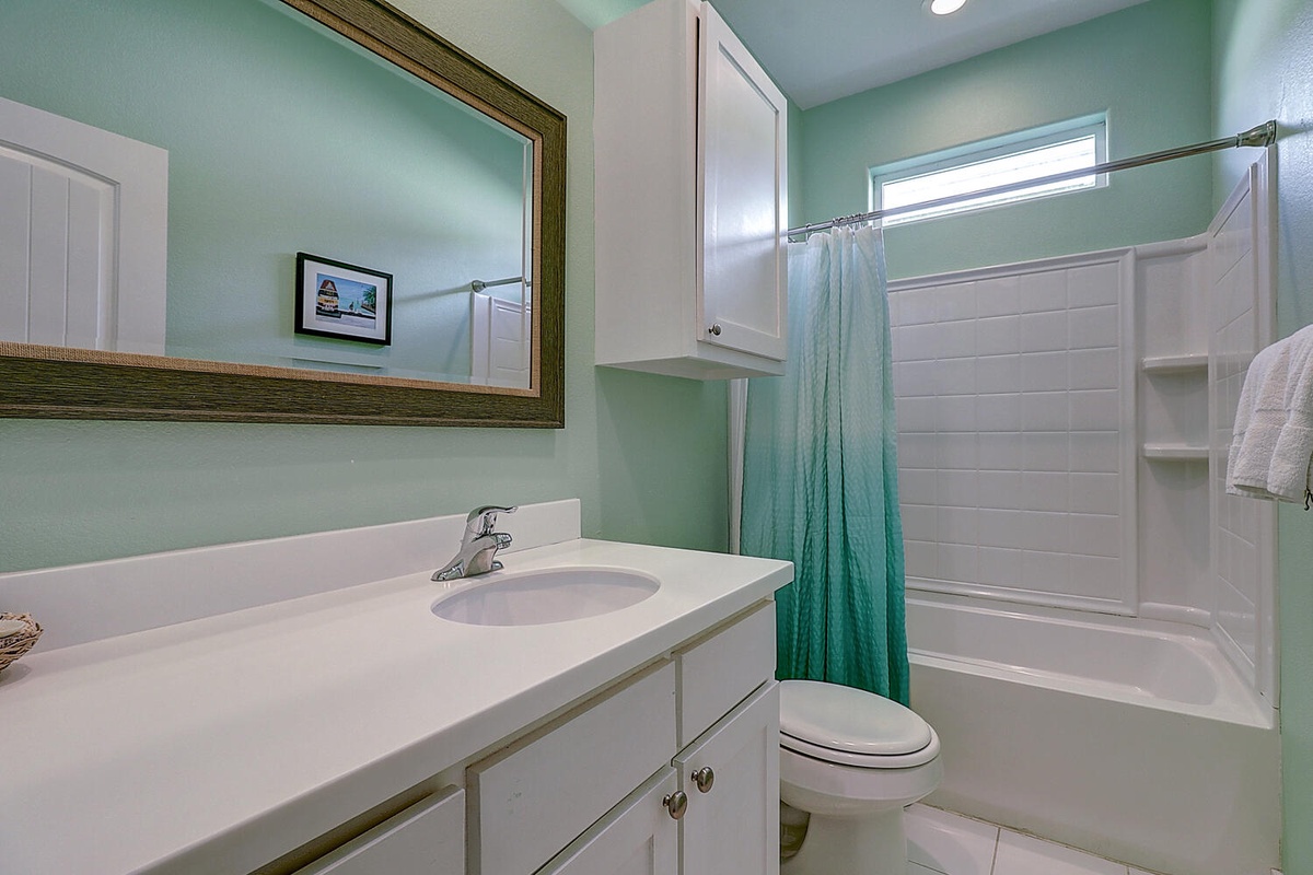 Step into your tranquil bathroom with soothing mint walls, clean white fixtures, and a spacious tub-shower combo for refreshing moments.