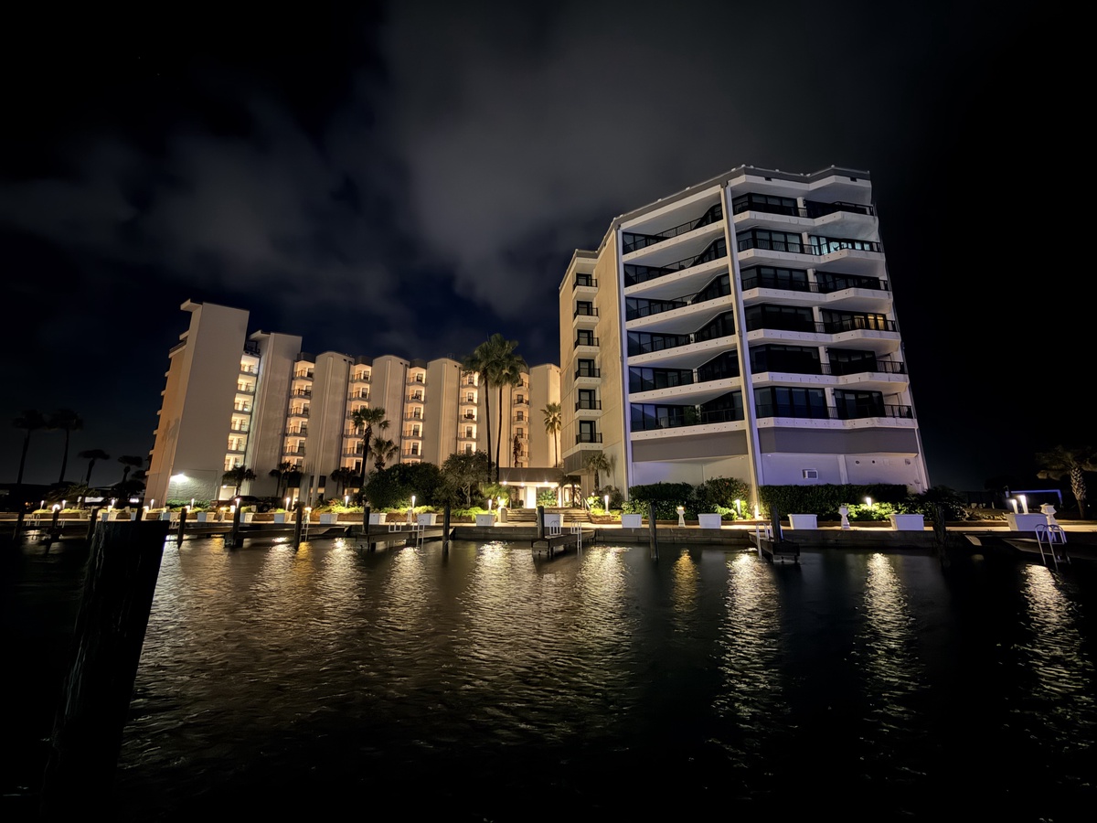 Cline's Landing illuminated against a dramatic evening sky.