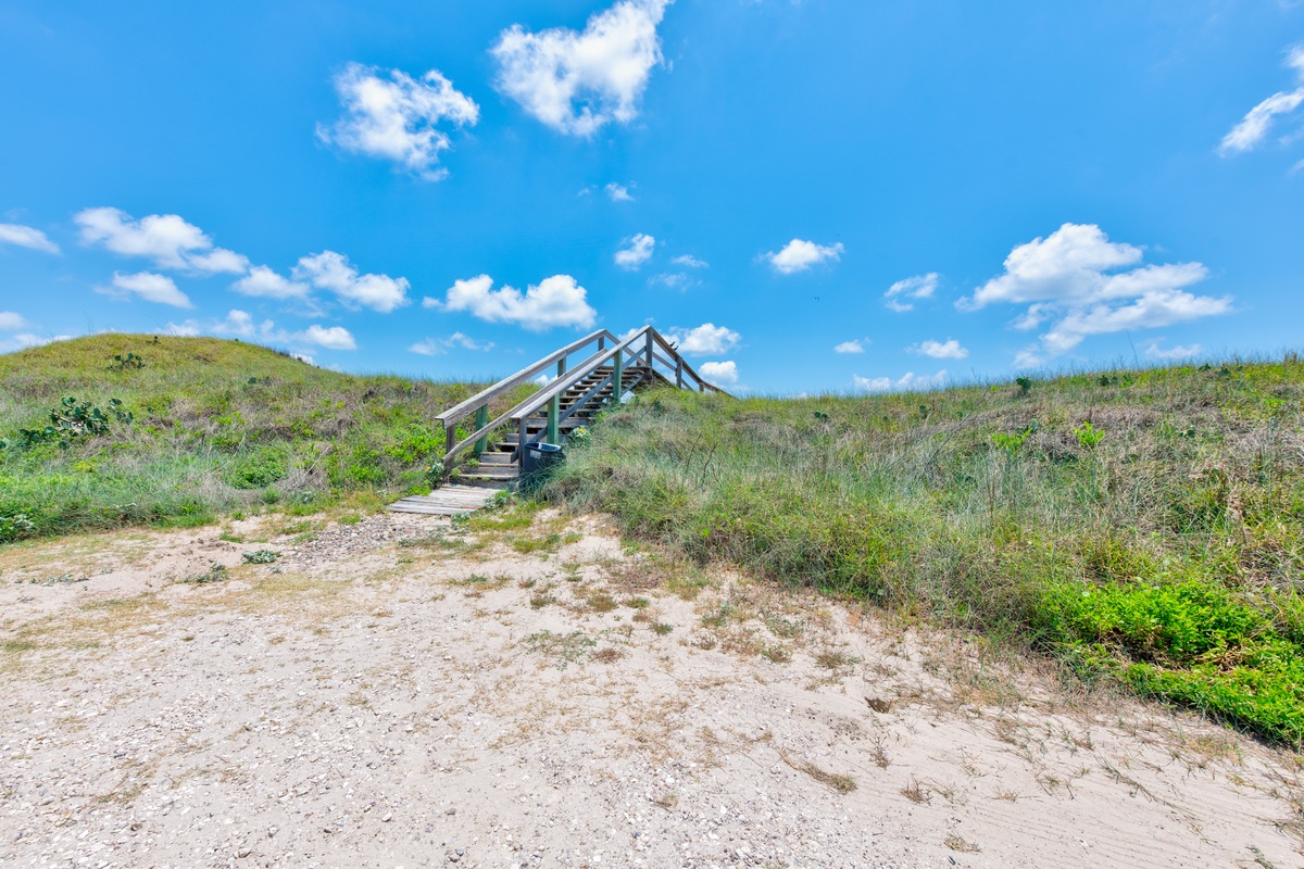 Wooden boardwalk leads over coastal dunes beneath bright blue skies dotted with fluffy white clouds.