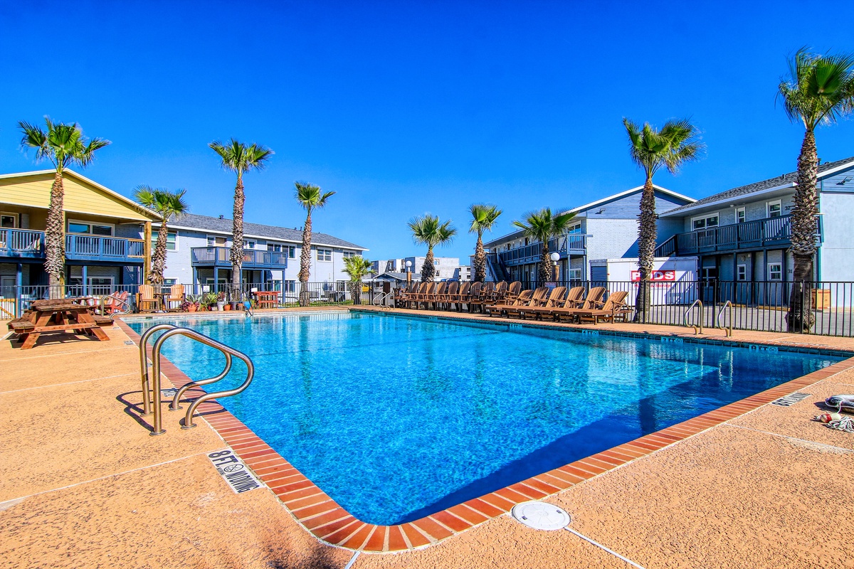 Large outdoor pool surrounded by palm trees and colorful beach-style buildings under clear blue skies.