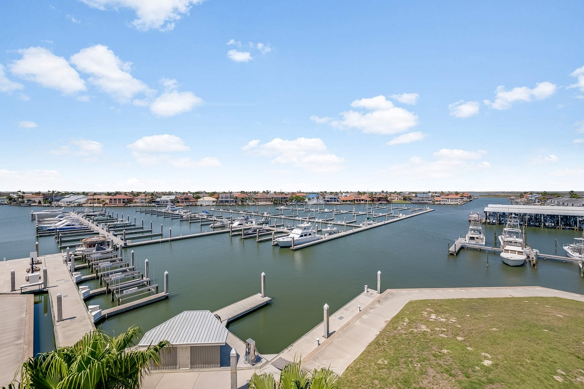 Great view of the expansive marina with boat slips and waterfront community.