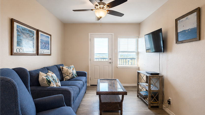 Relax in your bright living room with comfortable seating, ceiling fan, and TV for cozy evenings after beach adventures.