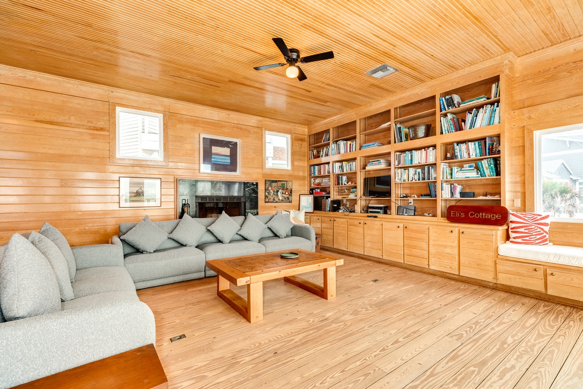 Spacious living area with custom built-ins