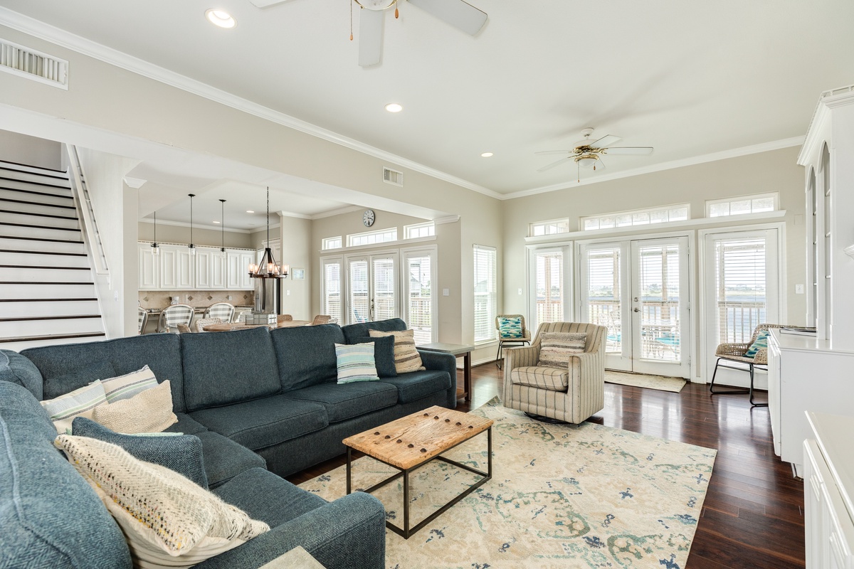 Bright and airy living area with wall of windows