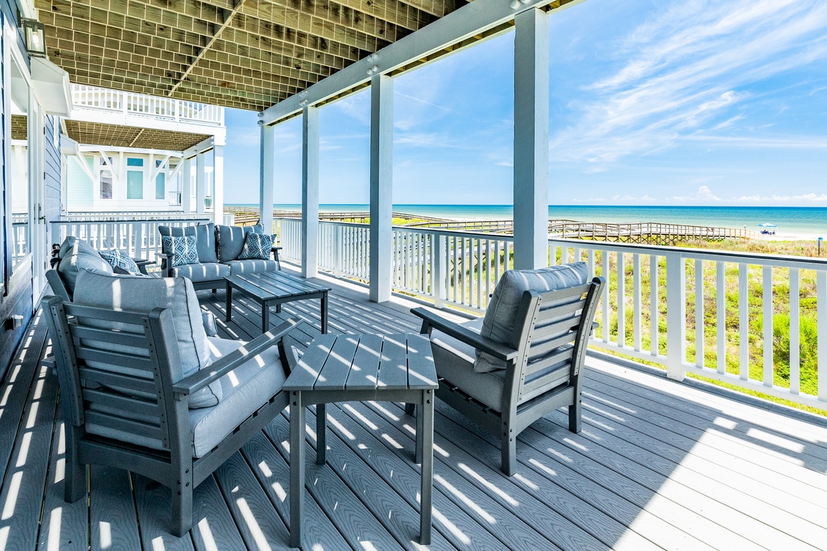 Panoramic beachfront views from the covered deck