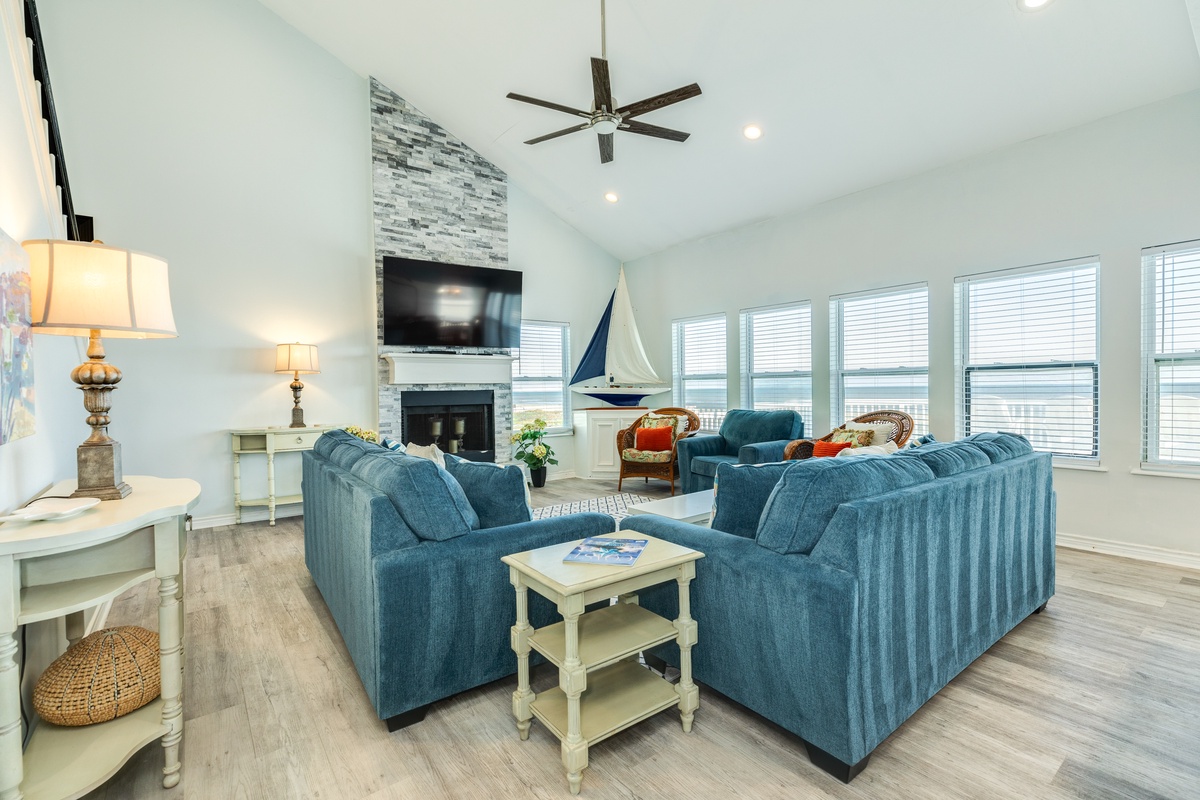 Bright and airy living room with wall of windows