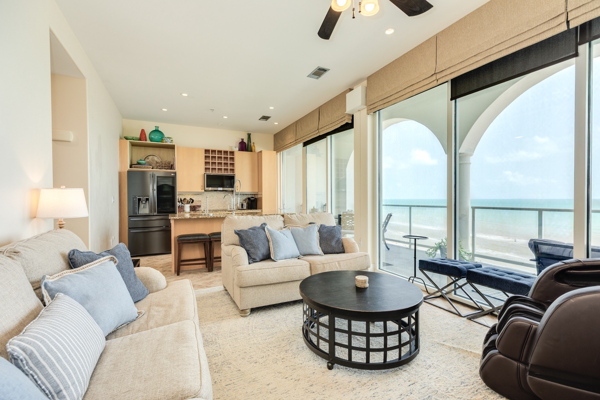 Bright living area with wall of windows