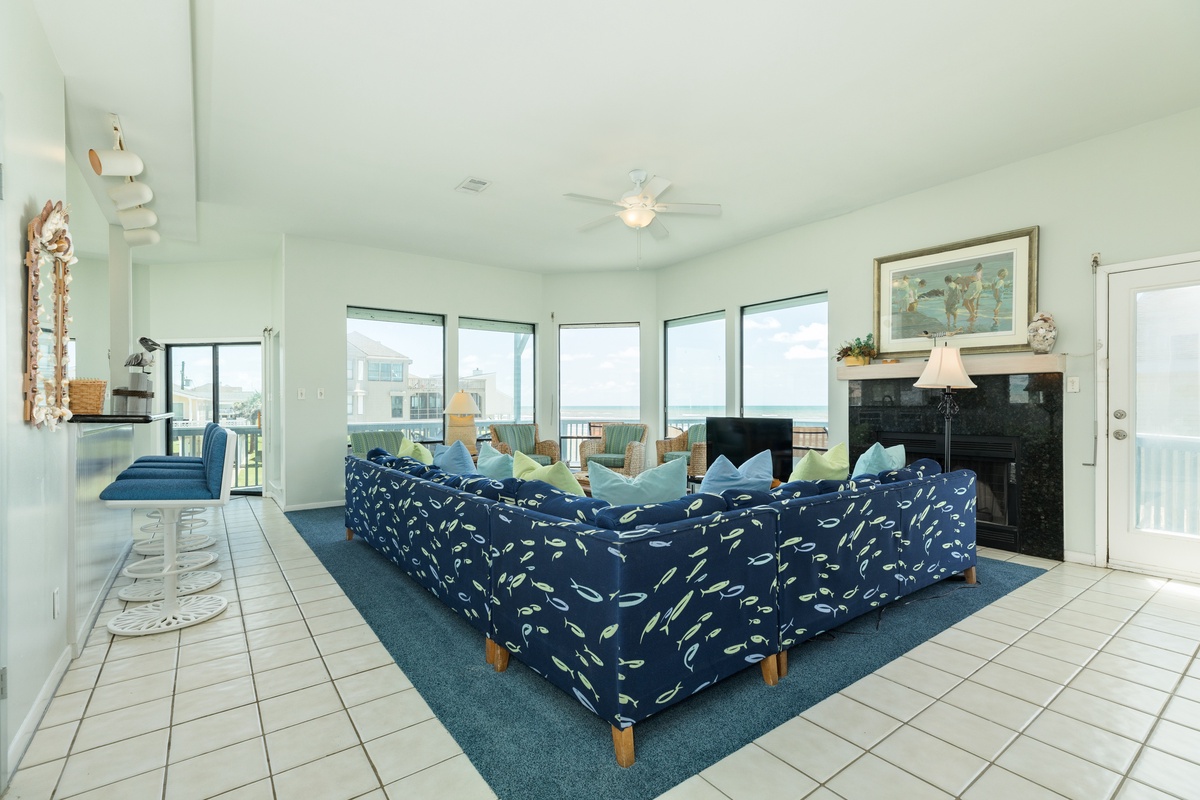 Bright and airy living room with wall of windows