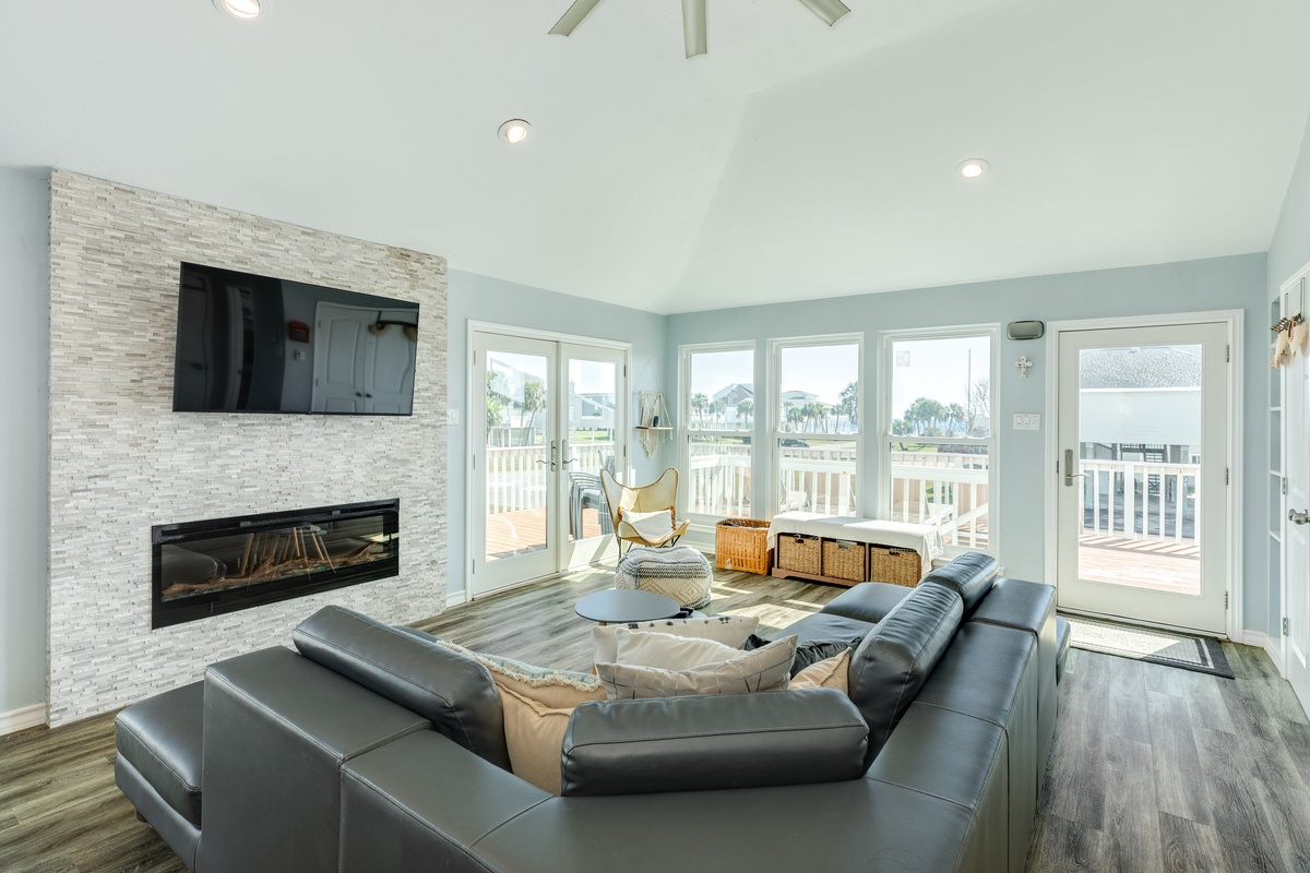 Living area with wall of windows