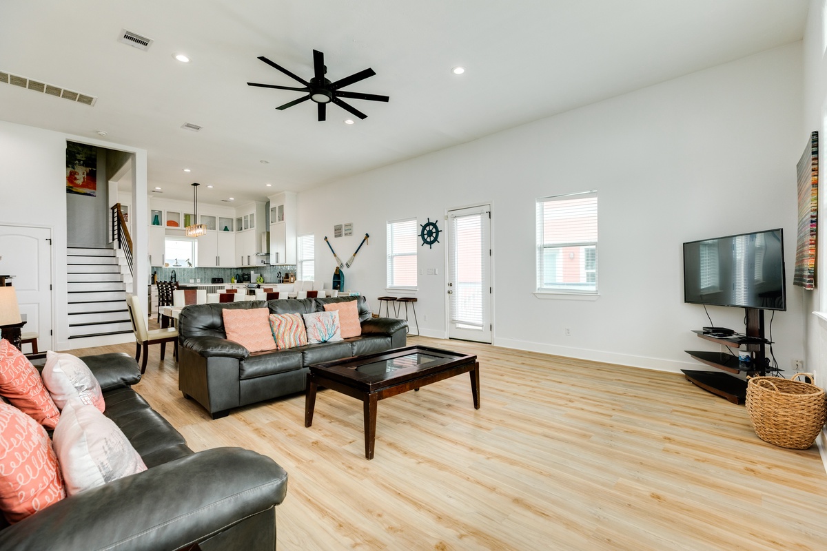 Bright and airy living room with wall of windows