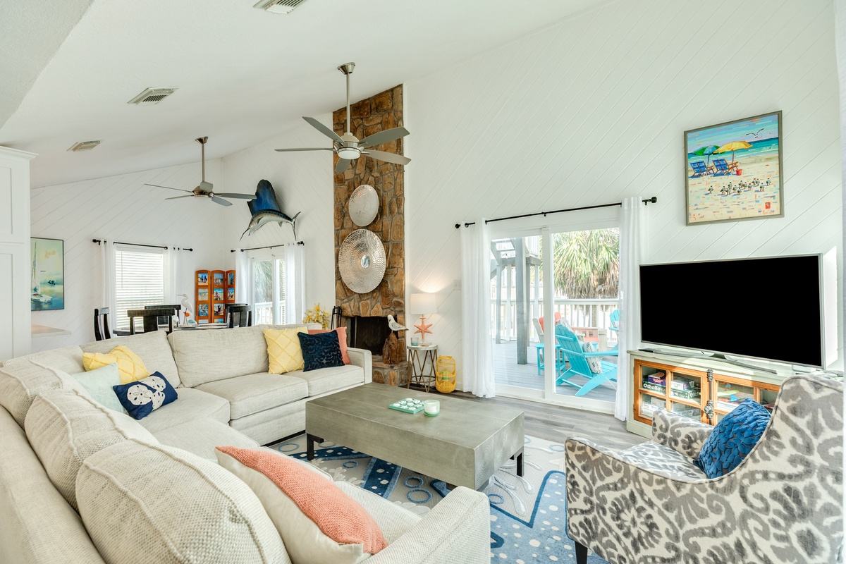 Bright and airy living area with beachy decor