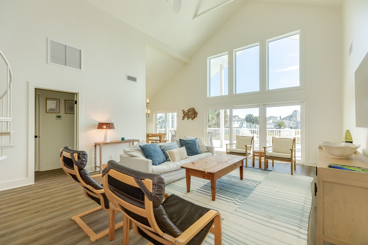 Bright and airy living room with wall of windows