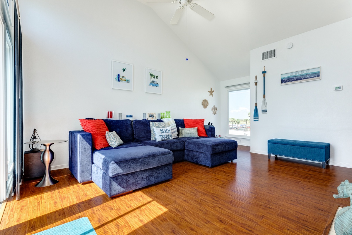 Vaulted ceilings and wall of windows brighten up the space