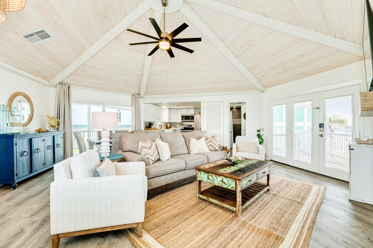 Bright and airy living area with vaulted ceilings