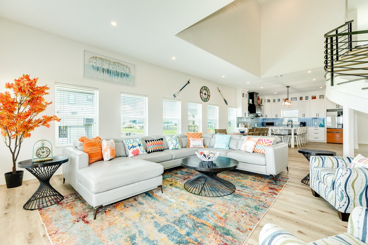 Bright and airy open living area with pops of color