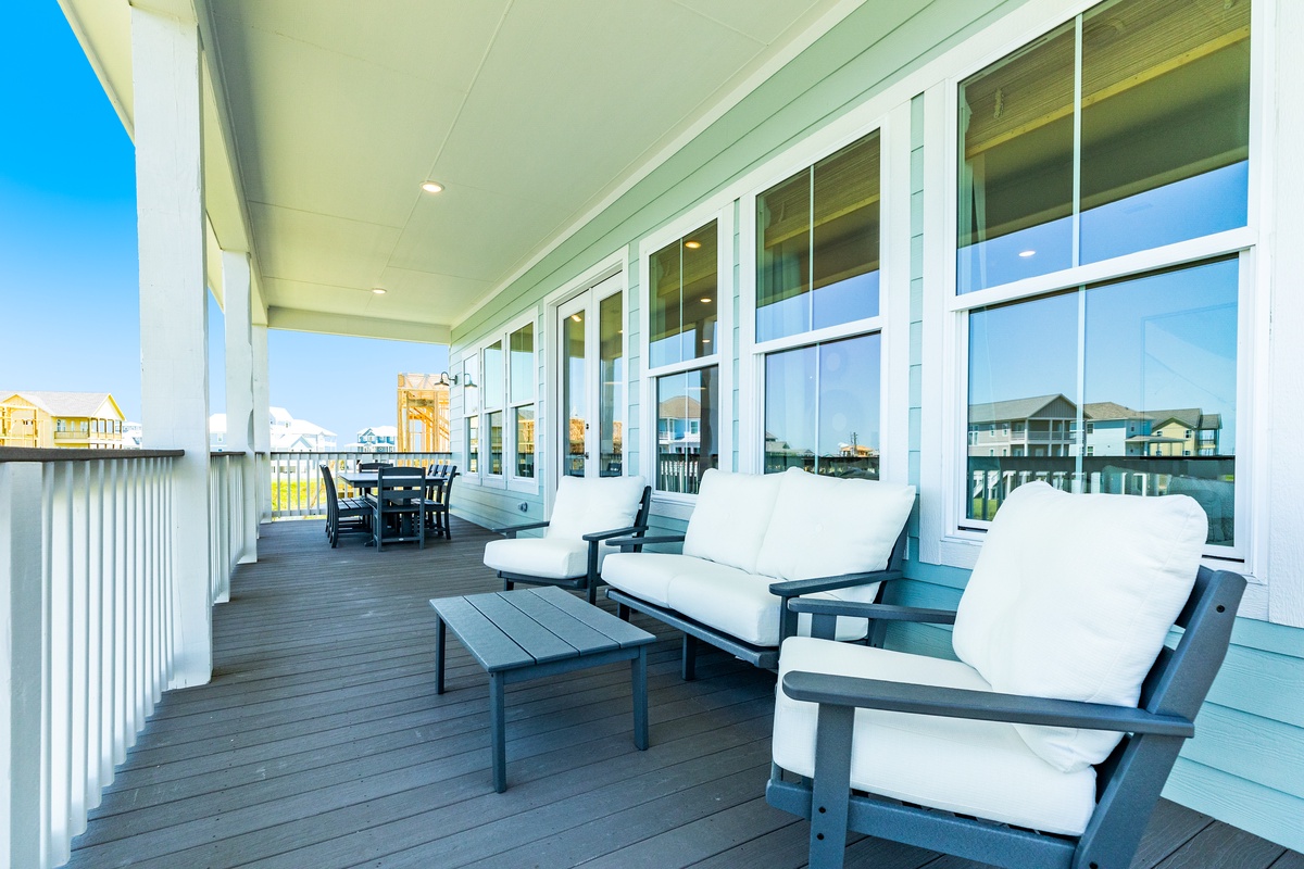 3 covered decks, plenty of comfy deck furniture