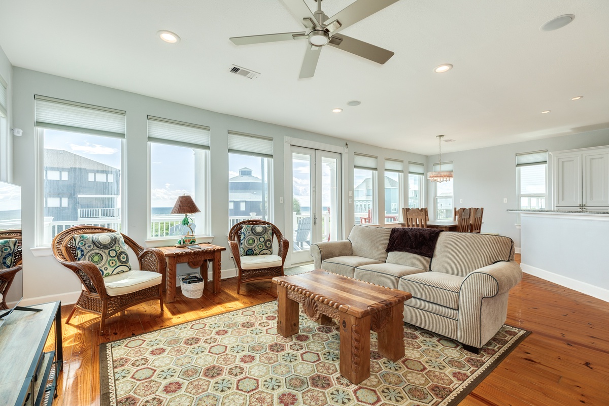 Open living area with wall of windows