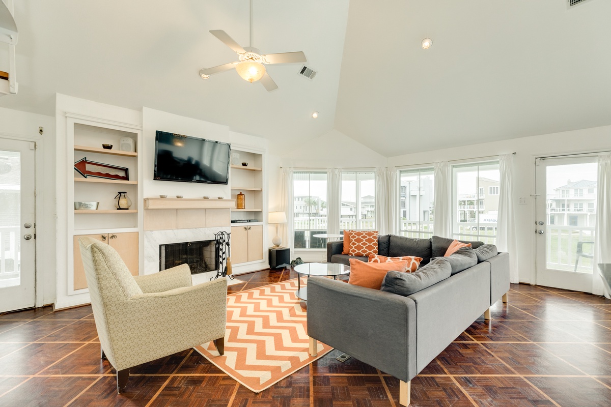 Bright living area with wall of windows