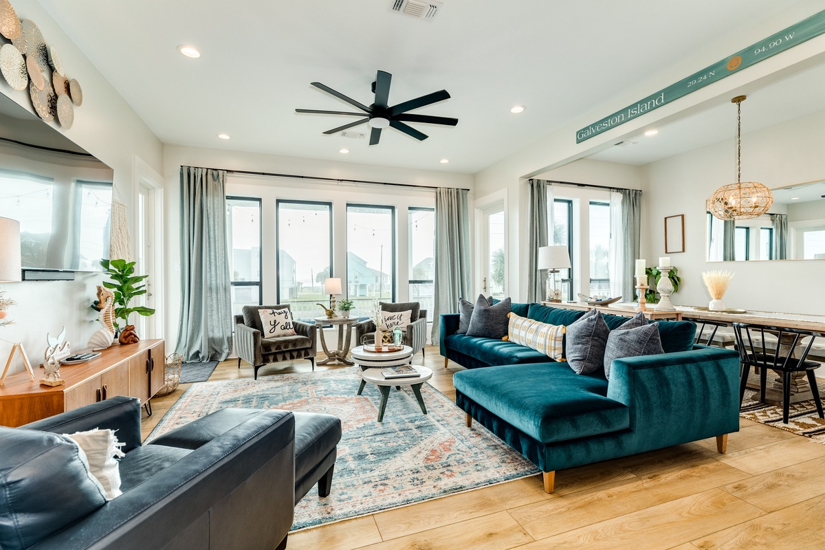 Bright and airy living area with wall of windows