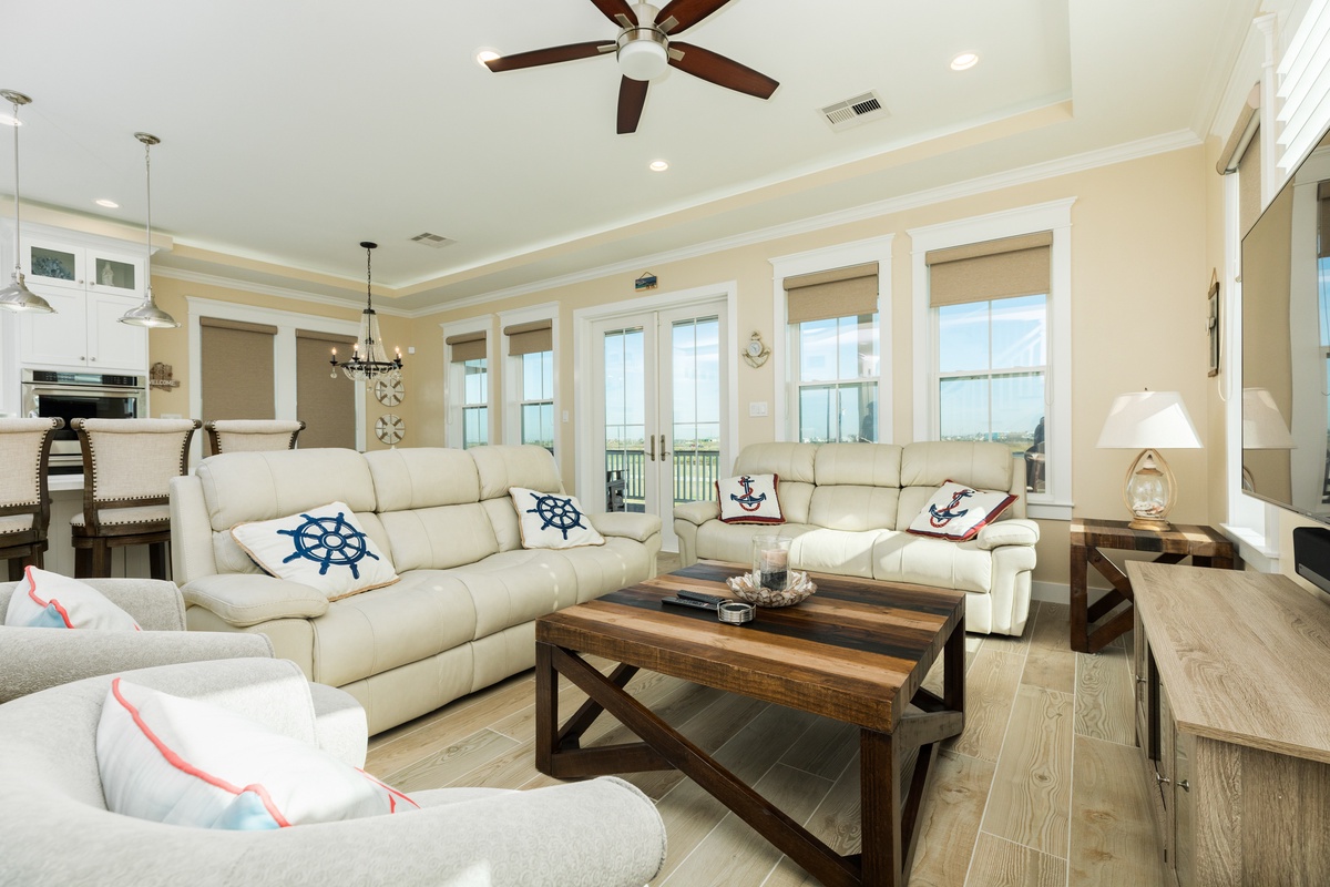 Bright living room with wall of windows