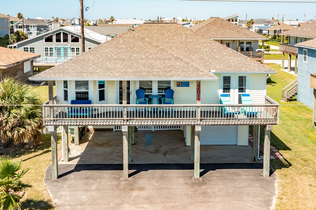 Spread out on the partially covered deck