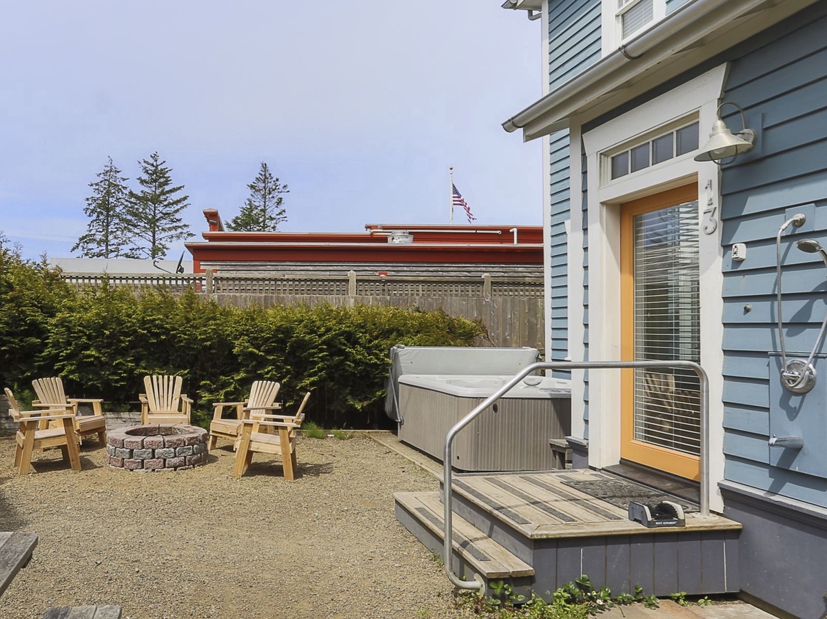 Soak in the private hot tub and toast marshmallows in the firepit at the end of a day of adventures