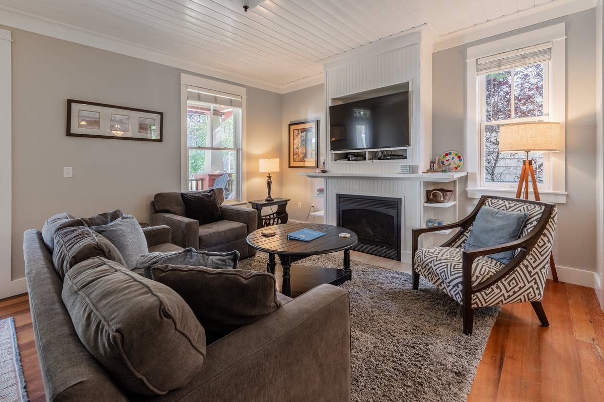The cozy living room is the perfect spot to kick back and feel at home
