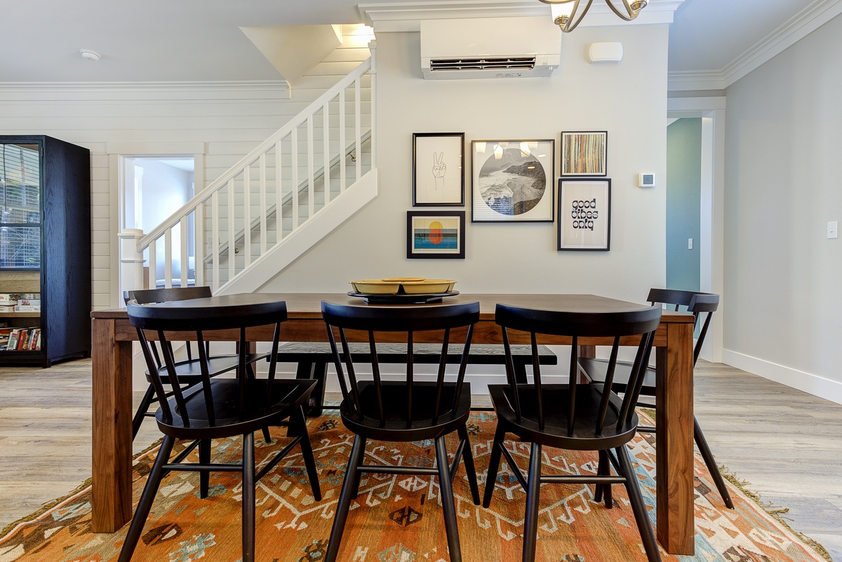 The dining room table seats up to eight