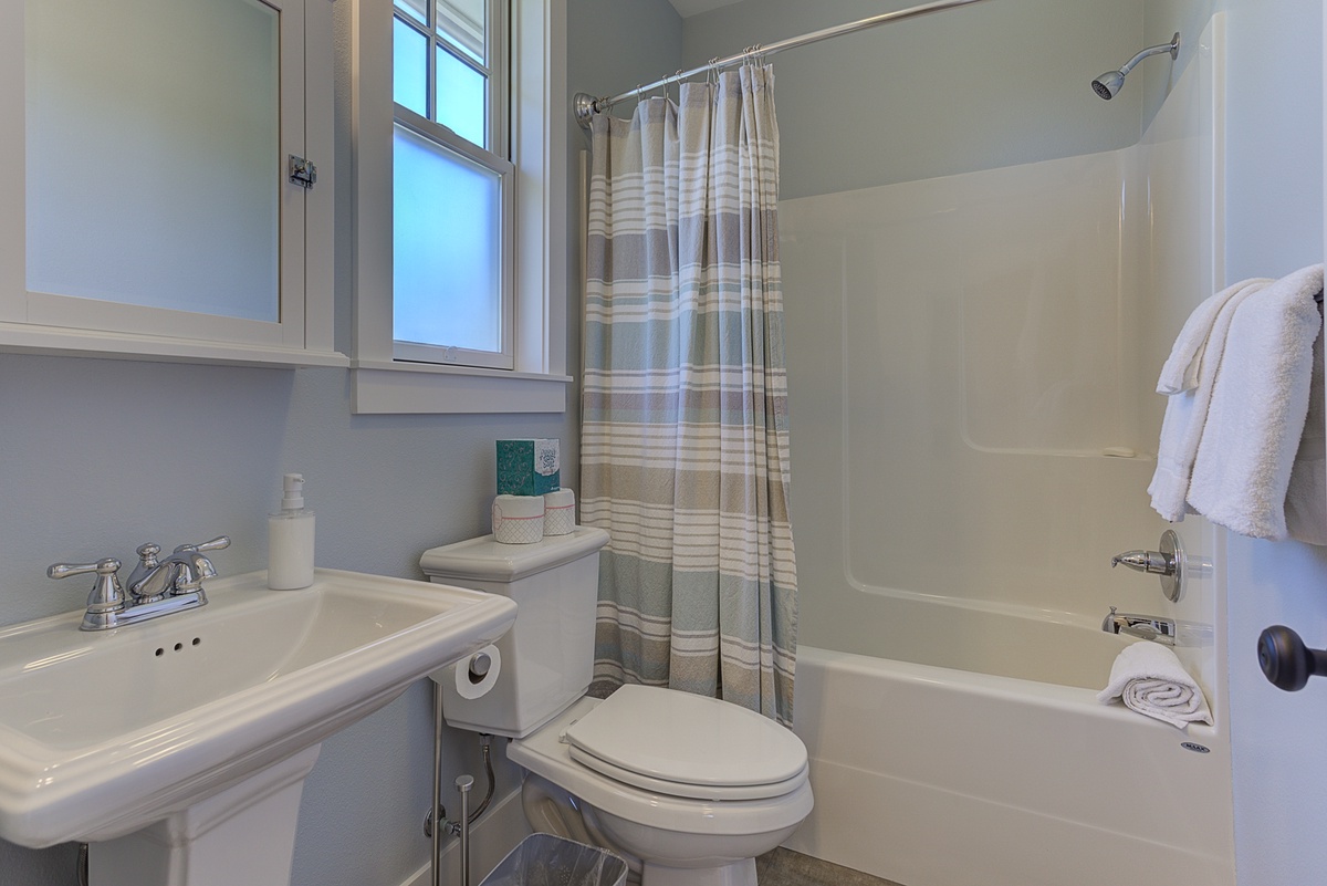 The guest full bathroom makes mornings a breeze