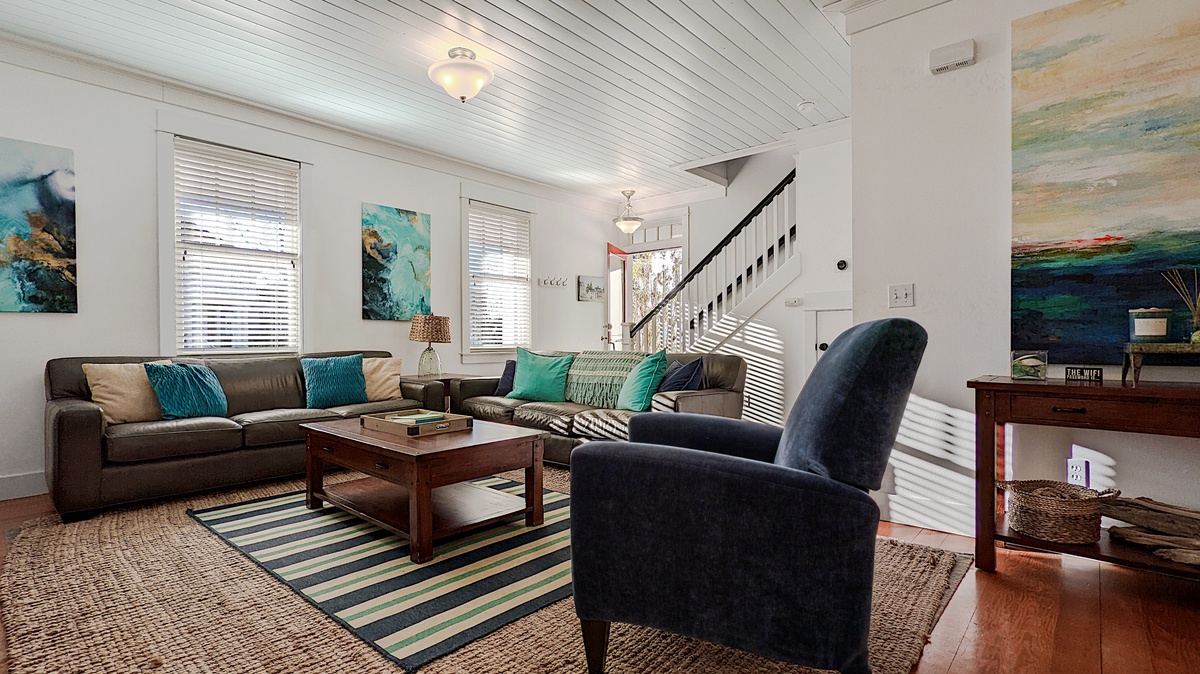 The living room is airy and bright